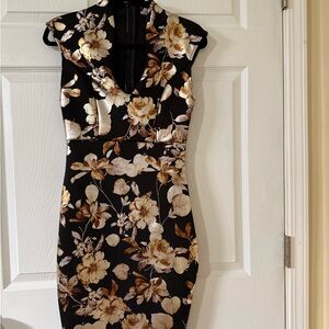 Chic Floral Black and Cream Midi Dress